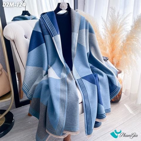 Khăn Choàng Dạ Cashmere 2 Mặt Cao Cấp Họa Tiết Hình Học Hiện Đại Màu Xanh (D2M124)