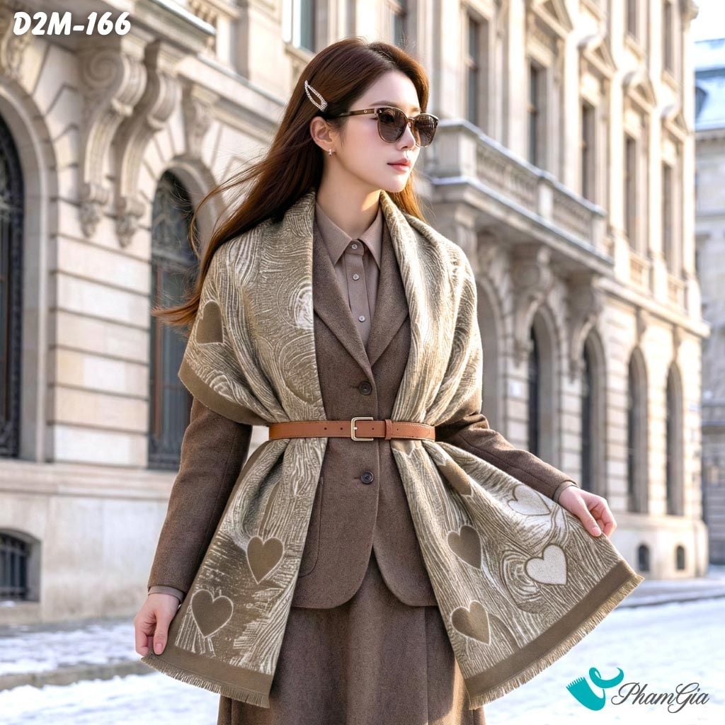 Khăn Choàng Dạ Cashmere 2 Mặt Cao Cấp Họa Tiết Trái Tim Màu Nâu Khói Thời Thượng (D2M166)