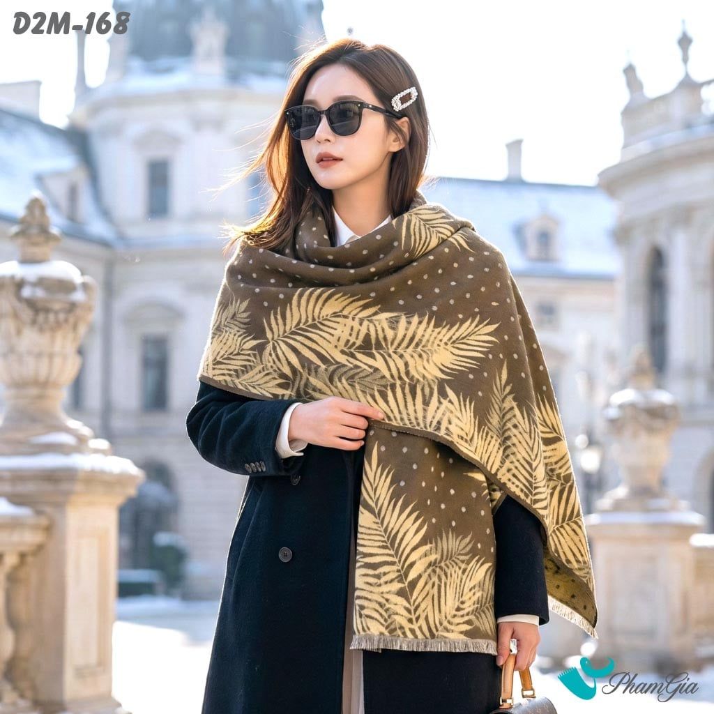 Khăn Choàng Dạ Cashmere 2 Mặt Cao Cấp Họa Tiết Lá Dương Xỉ Màu Nâu Rêu Tinh Tế (D2M168)