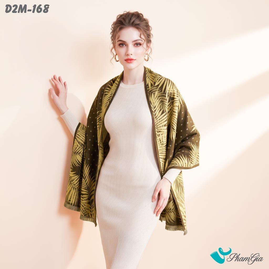 Khăn Choàng Dạ Cashmere 2 Mặt Cao Cấp Họa Tiết Lá Dương Xỉ Màu Nâu Rêu Tinh Tế (D2M168)