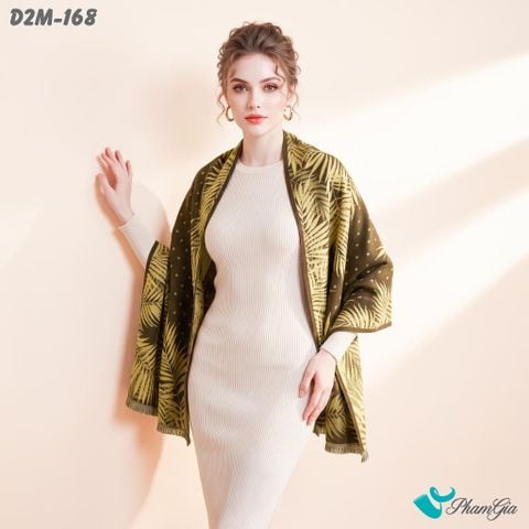 Khăn Choàng Dạ Cashmere 2 Mặt Cao Cấp Họa Tiết Lá Dương Xỉ Màu Nâu Rêu Tinh Tế (D2M168)