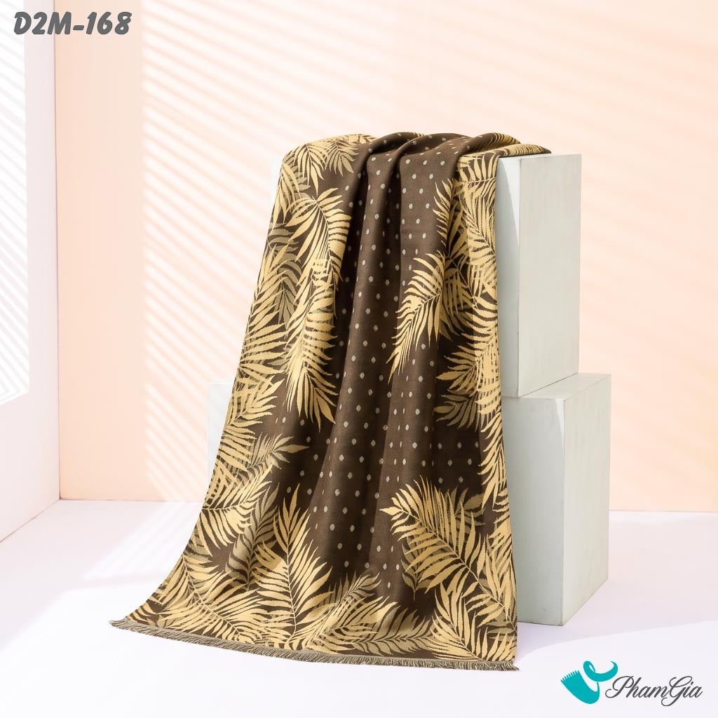 Khăn Choàng Dạ Cashmere 2 Mặt Cao Cấp Họa Tiết Lá Dương Xỉ Màu Nâu Rêu Tinh Tế (D2M168)