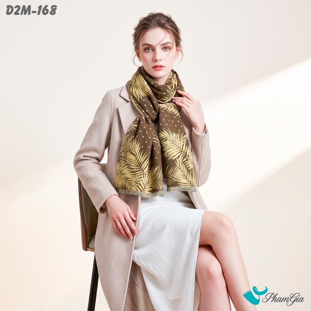 Khăn Choàng Dạ Cashmere 2 Mặt Cao Cấp Họa Tiết Lá Dương Xỉ Màu Nâu Rêu Tinh Tế (D2M168)
