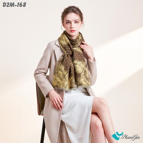 Khăn Choàng Dạ Cashmere 2 Mặt Cao Cấp Họa Tiết Lá Dương Xỉ Màu Nâu Rêu Tinh Tế (D2M168)