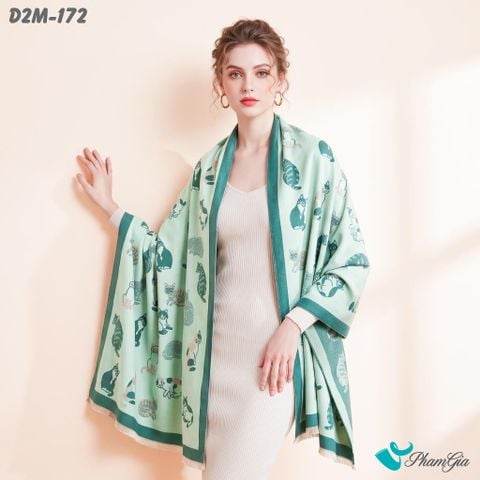 Khăn Choàng Dạ Cashmere 2 Mặt Cao Cấp Họa Tiết Mèo Nhỏ Màu Xanh Két Dễ Thương (D2M172)