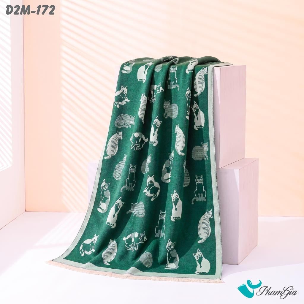 Khăn Choàng Dạ 2 Mặt Cao Cấp Họa Tiết Mèo Nhỏ Màu Xanh Két Dễ Thương (D2M172)