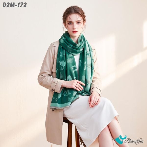 Khăn Choàng Dạ Cashmere 2 Mặt Cao Cấp Họa Tiết Mèo Nhỏ Màu Xanh Két Dễ Thương (D2M172)