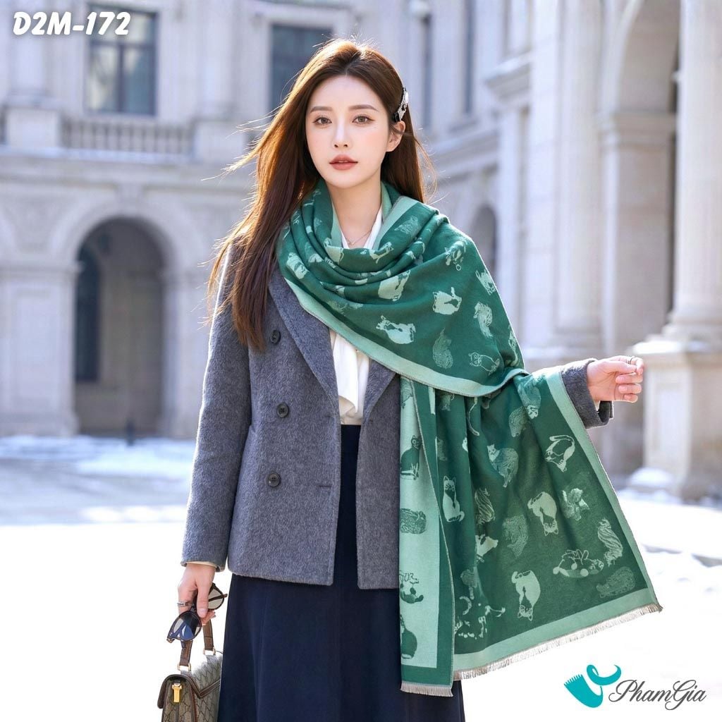 Khăn Choàng Dạ Cashmere 2 Mặt Cao Cấp Họa Tiết Mèo Nhỏ Màu Xanh Két Dễ Thương (D2M172)