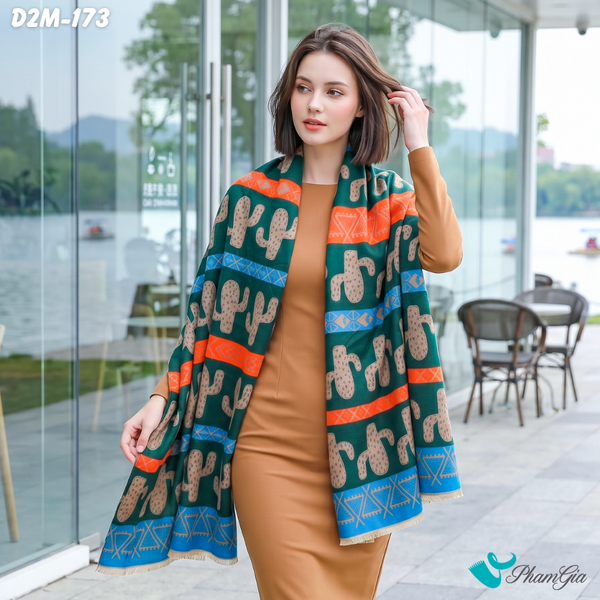 Khăn Choàng Dạ Cashmere 2 Mặt Cao Cấp Họa Tiết Thổ Cẩm Xương Rồng Phối Nhiều Màu Cá Tính (D2M173)