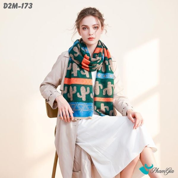 Khăn Choàng Dạ Cashmere 2 Mặt Cao Cấp Họa Tiết Thổ Cẩm Xương Rồng Phối Nhiều Màu Cá Tính (D2M173)