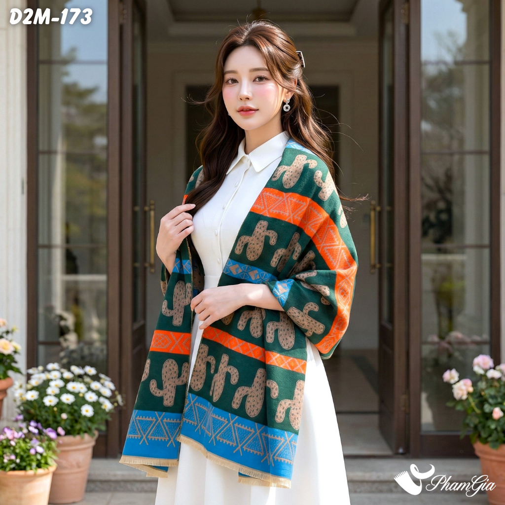 Khăn Choàng Dạ Cashmere 2 Mặt Cao Cấp Họa Tiết Thổ Cẩm Xương Rồng Phối Nhiều Màu Cá Tính (D2M173)