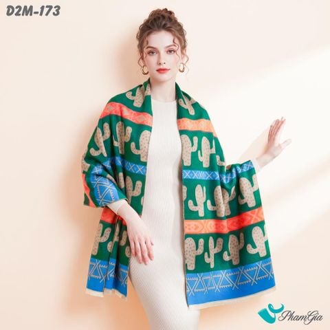 Khăn Choàng Dạ Cashmere 2 Mặt Cao Cấp Họa Tiết Thổ Cẩm Xương Rồng Phối Nhiều Màu Cá Tính (D2M173)