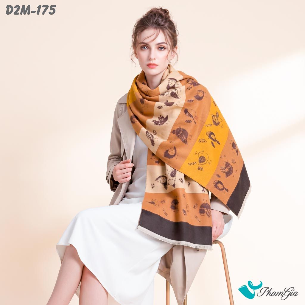 Khăn Choàng Dạ Cashmere 2 Mặt Cao Cấp  Họa Tiết Hoạt Hình Phối Sọc Màu Đen Cam Đất Độc Đáo (D2M175)