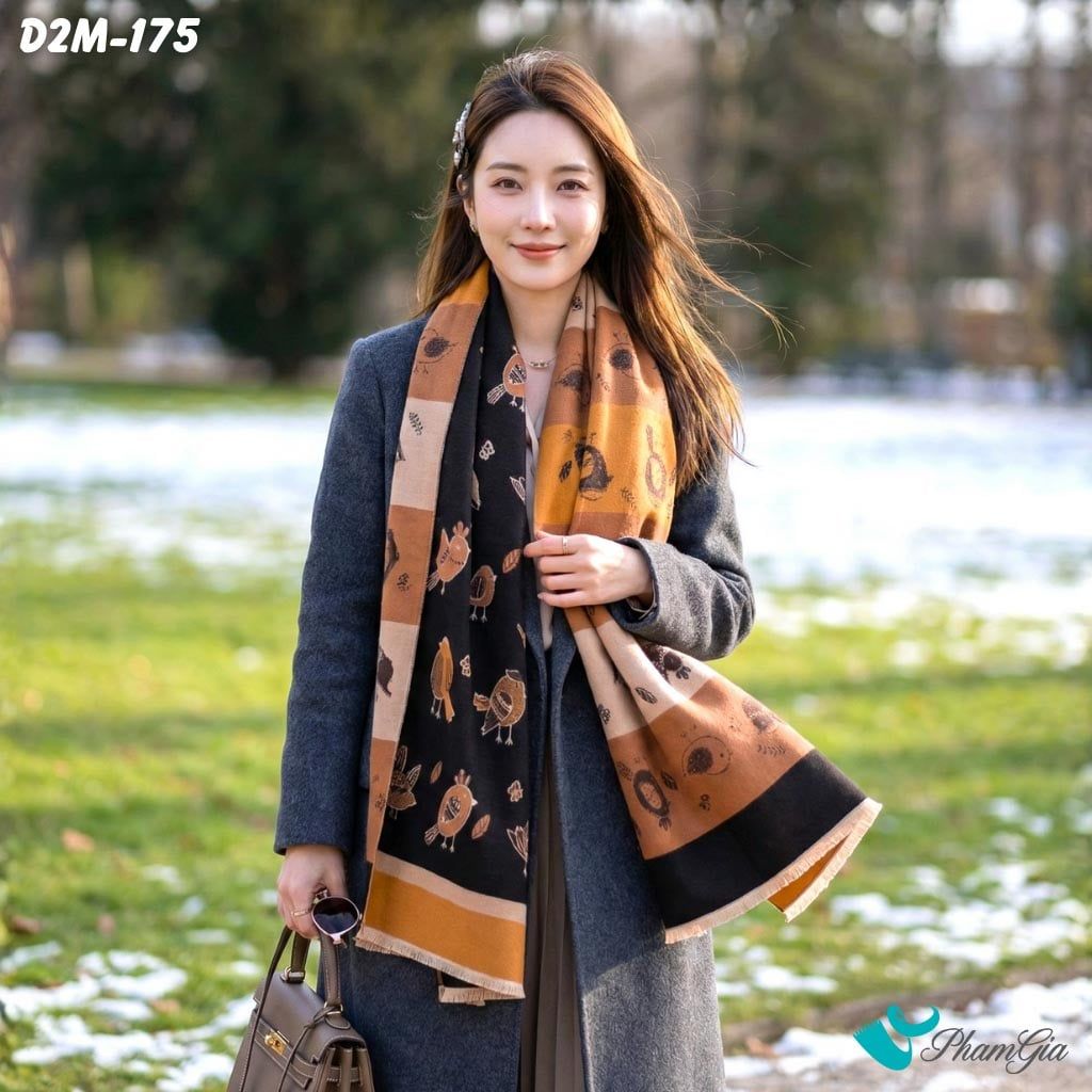 Khăn Choàng Dạ Cashmere 2 Mặt Cao Cấp  Họa Tiết Hoạt Hình Phối Sọc Màu Đen Cam Đất Độc Đáo (D2M175)
