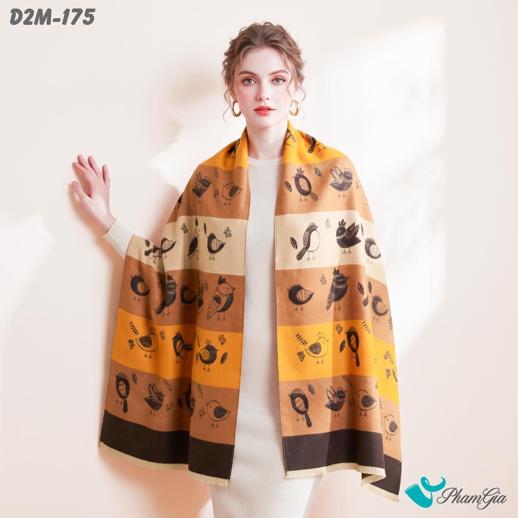Khăn Choàng Dạ Cashmere 2 Mặt Cao Cấp  Họa Tiết Hoạt Hình Phối Sọc Màu Đen Cam Đất Độc Đáo (D2M175)