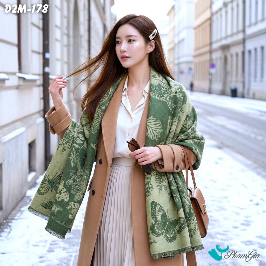 Khăn Choàng Dạ Cashmere 2 Mặt Cao Cấp Họa Tiết Bướm Và Hoa Màu Xanh Rêu Sang Trọng (D2M178)