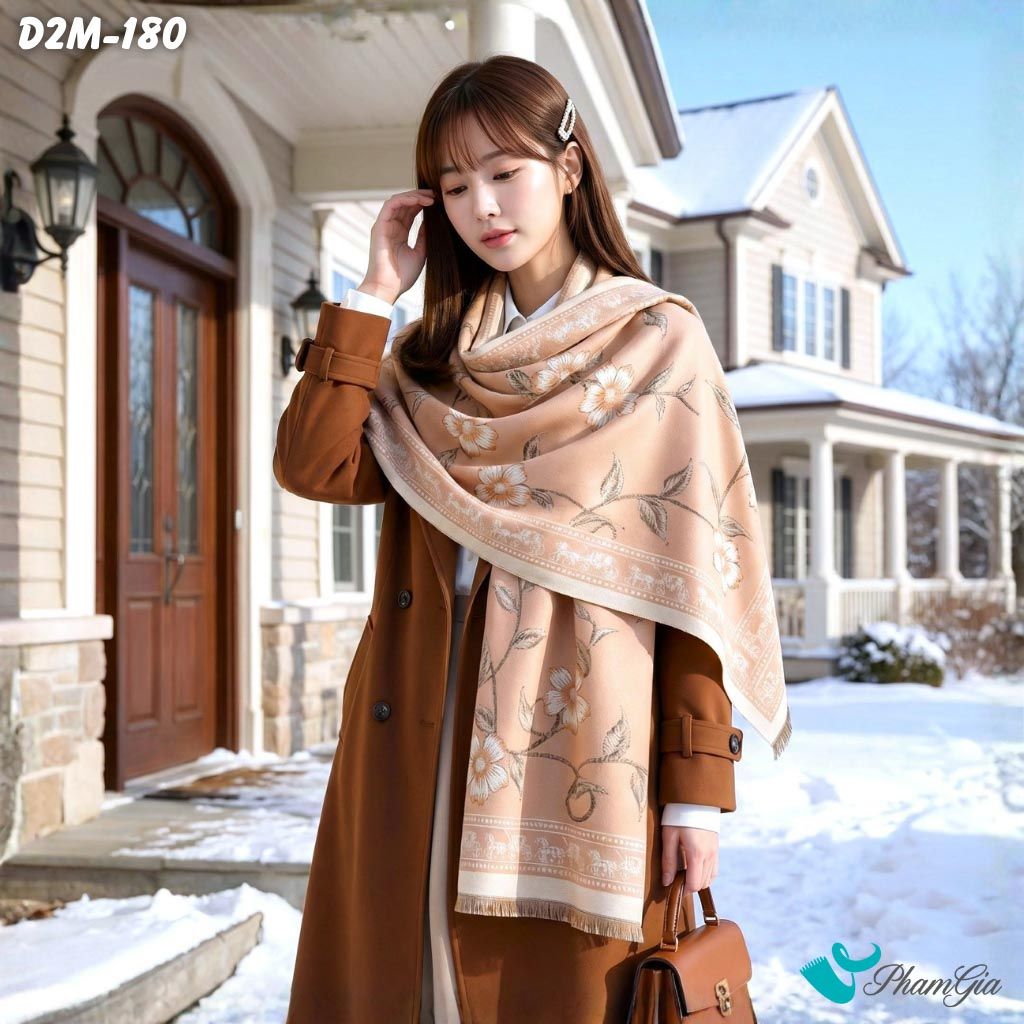 Khăn Choàng Dạ Cashmere 2 Mặt Cao Cấp Họa Tiết Hoa Dây Leo Màu Hồng Đào Tinh Tế (D2M180)