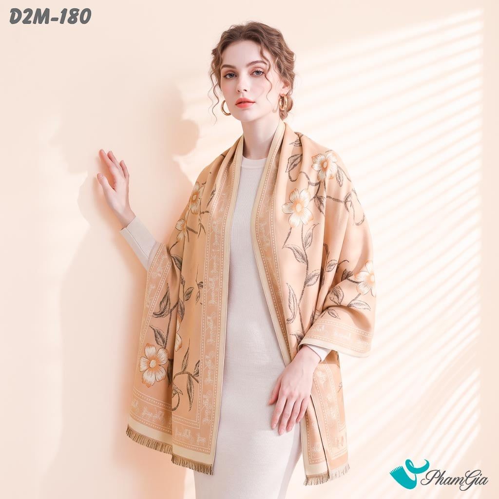 Khăn Choàng Dạ Cashmere 2 Mặt Cao Cấp Họa Tiết Hoa Dây Leo Màu Hồng Đào Tinh Tế (D2M180)