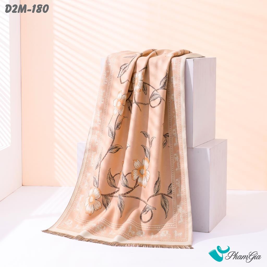Khăn Choàng Dạ Cashmere 2 Mặt Cao Cấp Họa Tiết Hoa Dây Leo Màu Hồng Đào Tinh Tế (D2M180)