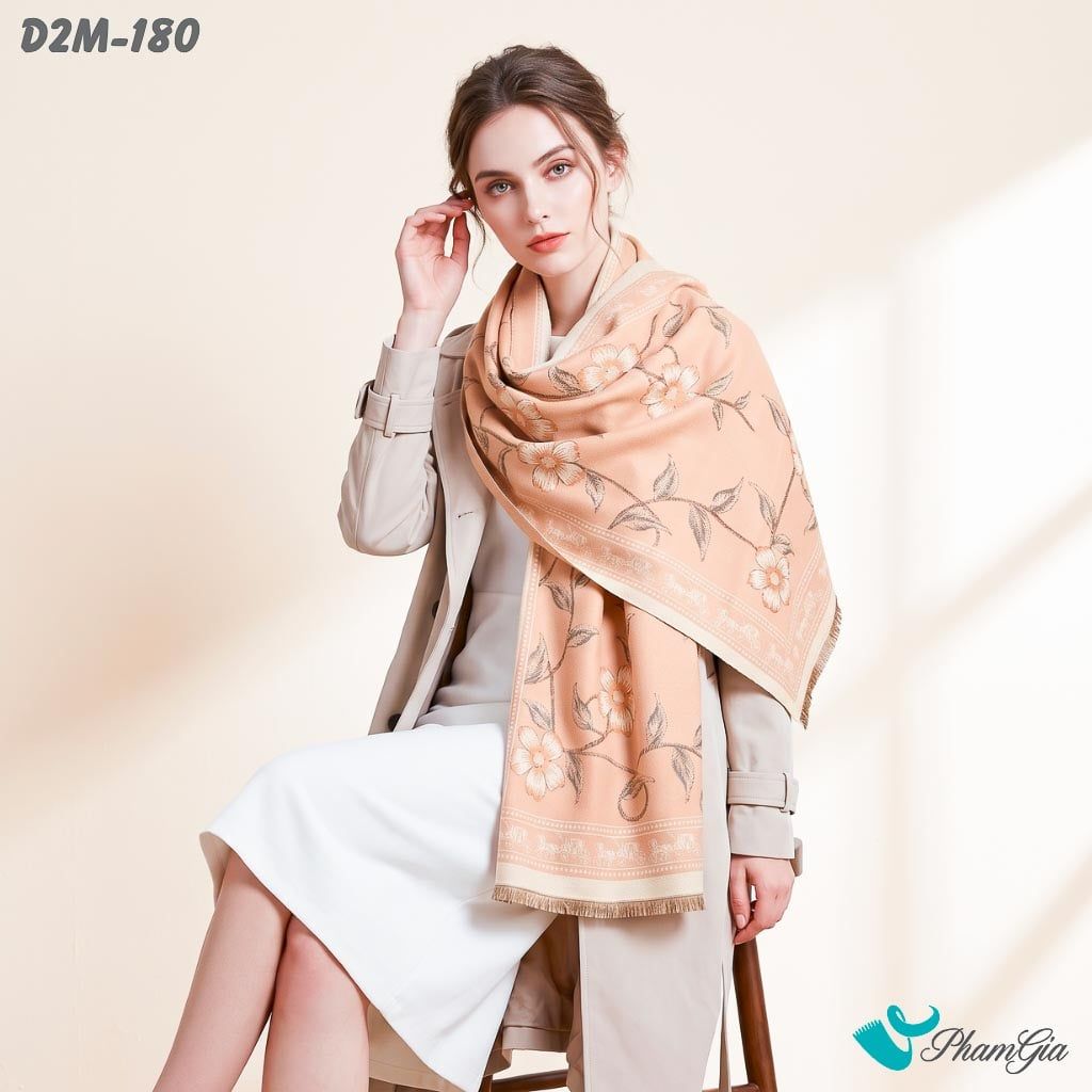 Khăn Choàng Dạ Cashmere 2 Mặt Cao Cấp Họa Tiết Hoa Dây Leo Màu Hồng Đào Tinh Tế (D2M180)