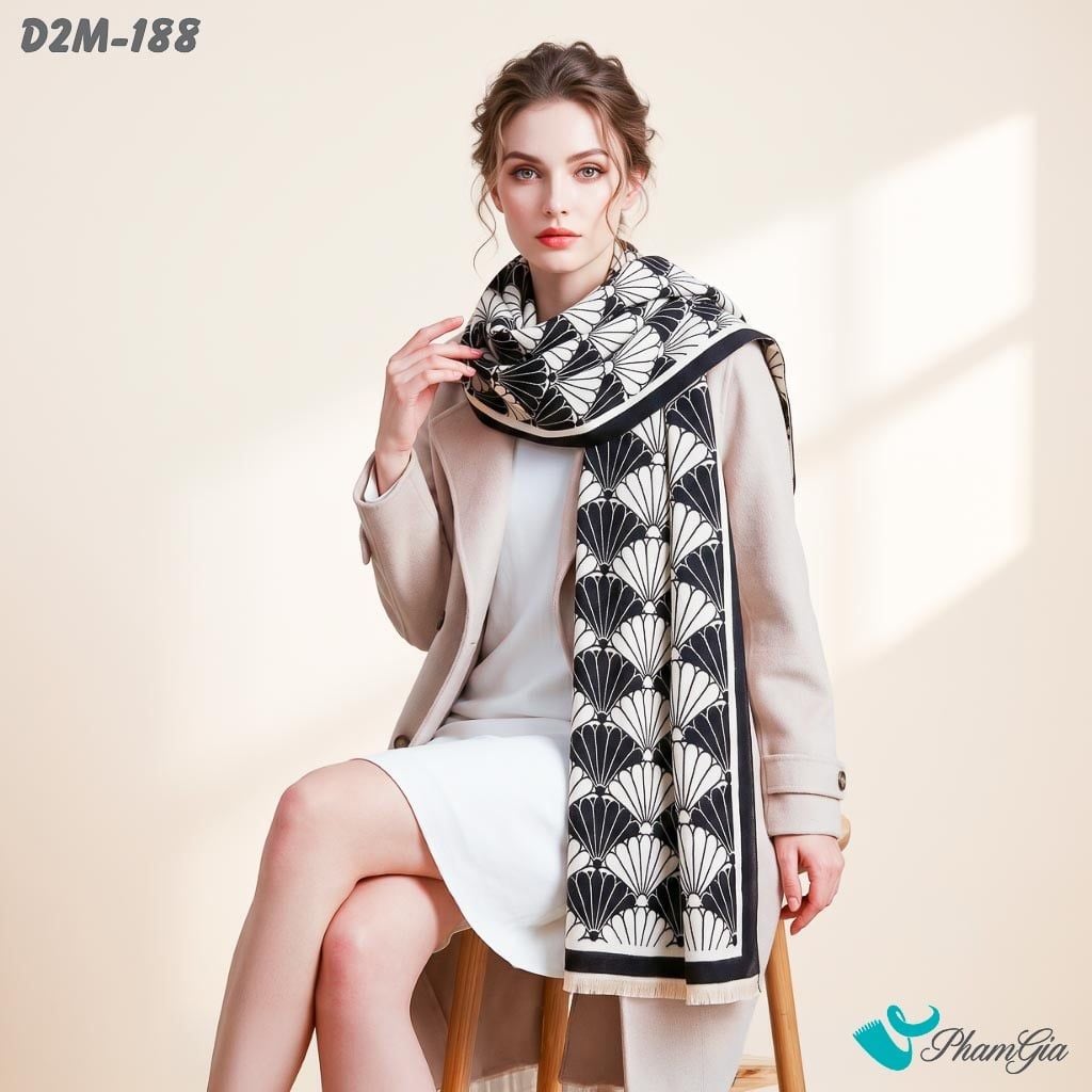 Khăn Choàng Dạ 2 Mặt Họa Tiết Rẻ Quạt Phối Màu Trắng Đen Tinh Tế (D2M188)
