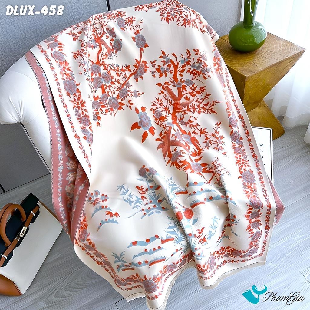 Họa Tiết Khăn Choàng Dạ Cashmere Cao Cấp Họa Tiết Hoa Lá Màu Cam Phối Nền Kem Trang Nhã
