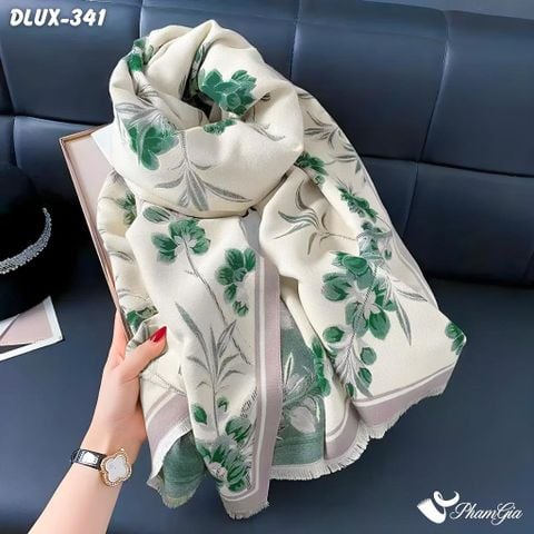 Khăn Choàng Dạ Cashmere Cao Cấp Họa Tiết Hoa Diên Vĩ Màu Xanh Ngọc Bích Trang Nhã (DLUX341)