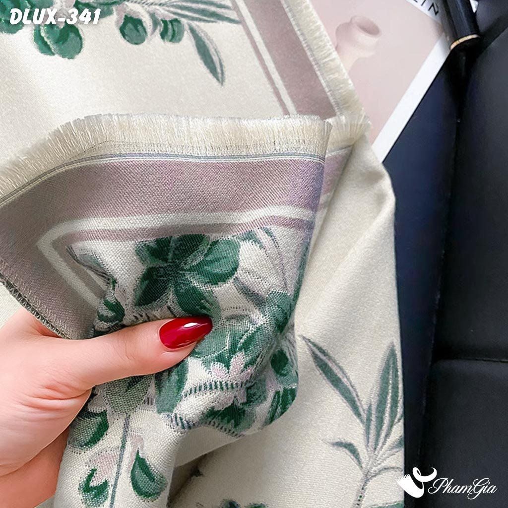 Khăn Choàng Dạ Cashmere Cao Cấp Họa Tiết Hoa Nhài Màu Xanh Ngọc Bích Trang Nhã (DLUX341)