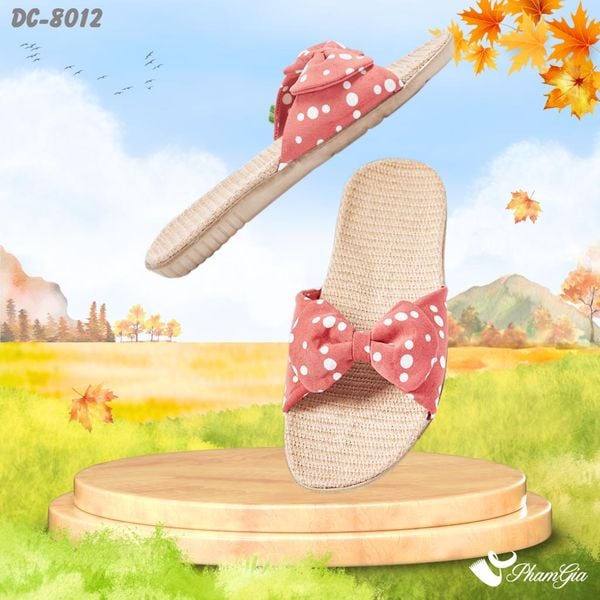 Dép Cói Quai Nơ Cao Cấp Phối Họa Tiết Chấm Bi Màu Đỏ Cam (DC8012)