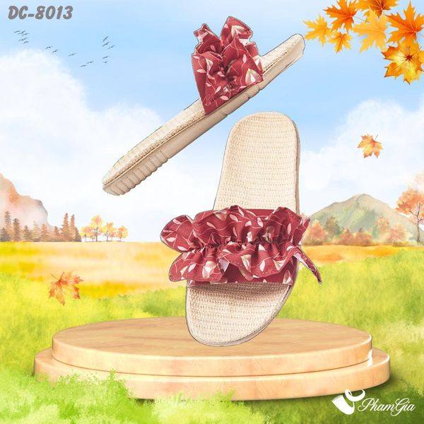 Dép Cói Quai Ngang Cao Cấp Phối Bèo Họa Tiết Hoa Lá Màu Đỏ Đô (DC8013)