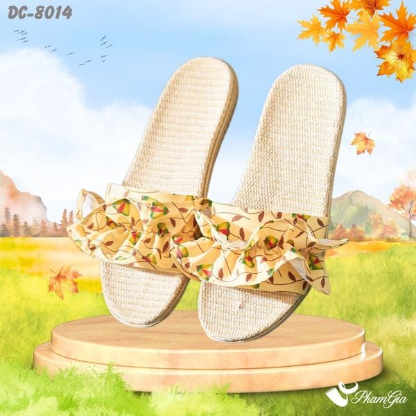 Dép Cói Quai Ngang Cao Cấp Phối Bèo Họa Tiết Hoa Lá Màu Vàng Kem (DC8014)