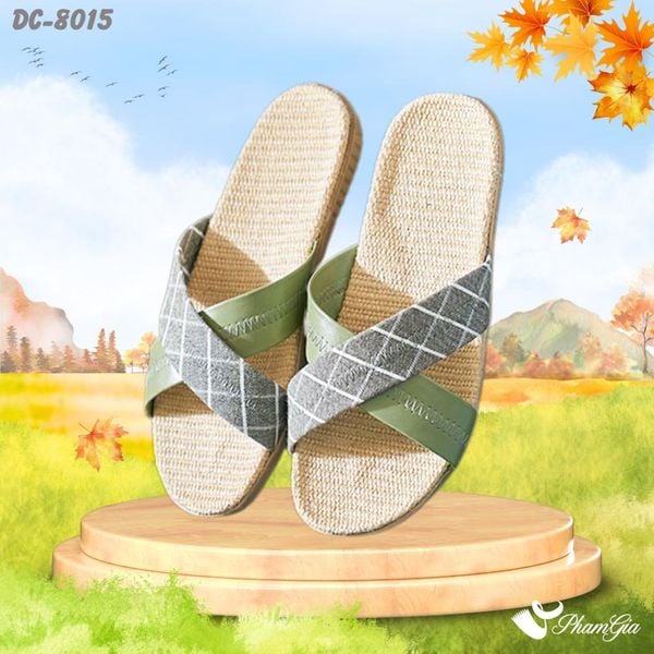 Dép Cói Quai Chéo Cao Cấp Họa Tiết Caro Phối Màu Xanh Rêu - Xám Ghi (DC8015)