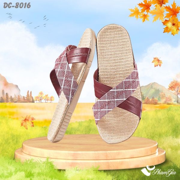 Dép Cói Quai Chéo Cao Cấp Họa Tiết Caro Màu Đỏ Nâu (DC8016)