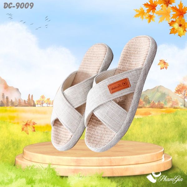 Dép Cói Quai Chéo Bo Viền Canvas Cao Cấp Màu Beige Kem (DC9009)
