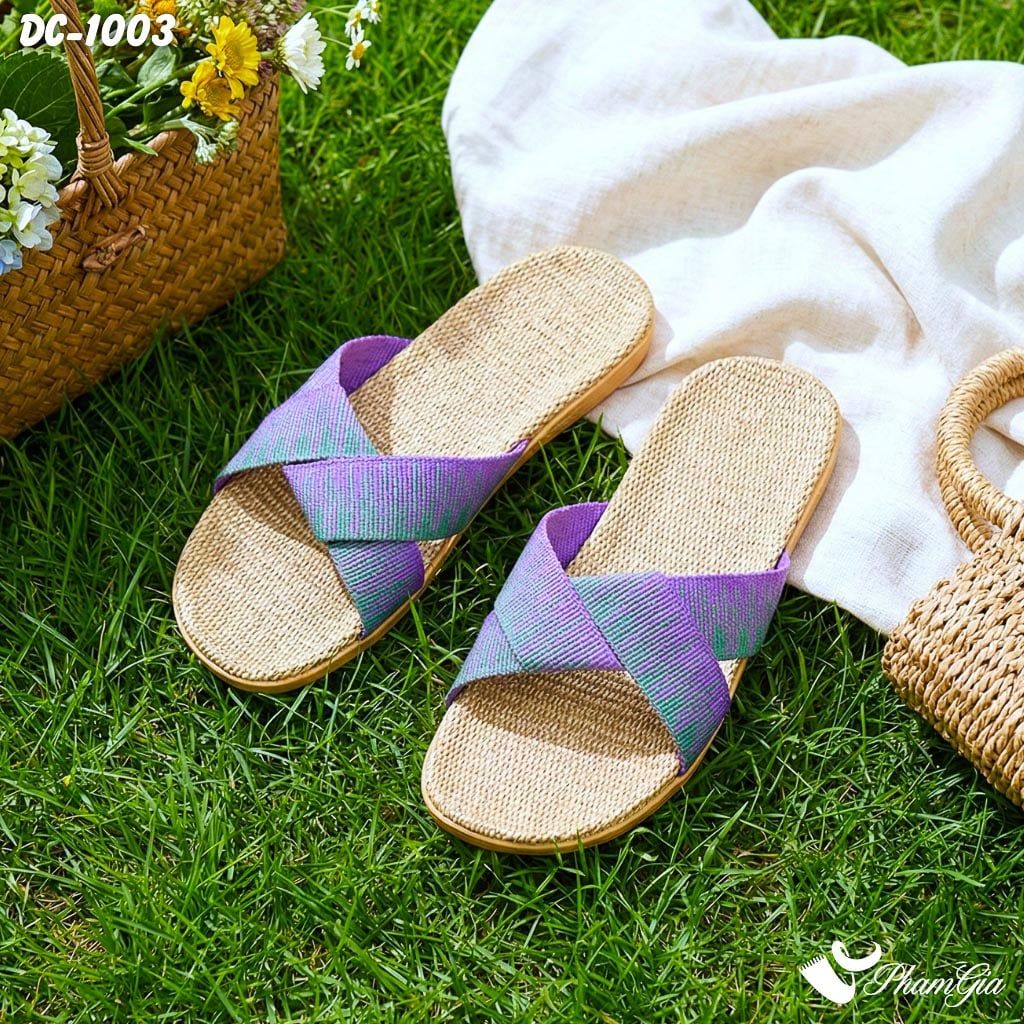 Dép Cói Thổ Cẩm Quai Chéo Màu Tím Violet (DC1003)