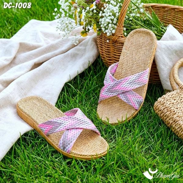Dép Cói Thổ Cẩm Quai Chéo Màu Xám - Cam (DC1008)