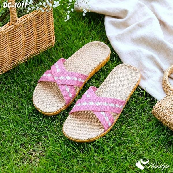 Dép Cói Thổ Cẩm Quai Chéo Màu Hồng Ruốc (DC1011)
