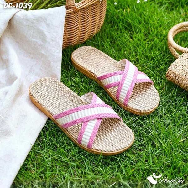 Dép Cói Quai Chéo Phối Màu Kem - Hồng (DC1039)