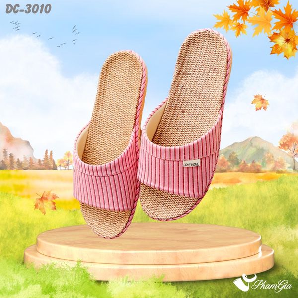 Dép Cói Quai Ngang Phối Họa Tiết Kẻ Sọc Màu Hồng Dâu (DC3010)
