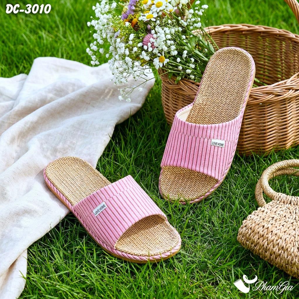 Dép Cói Quai Ngang Phối Họa Tiết Kẻ Sọc Màu Hồng Dâu (DC3010)