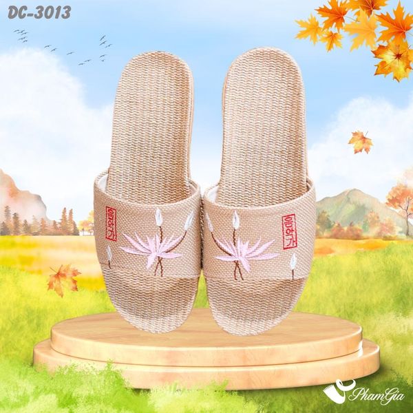 Dép Cói Quai Ngang Thêu Họa Tiết Hoa Sen Màu Hồng Baby (DC3013)