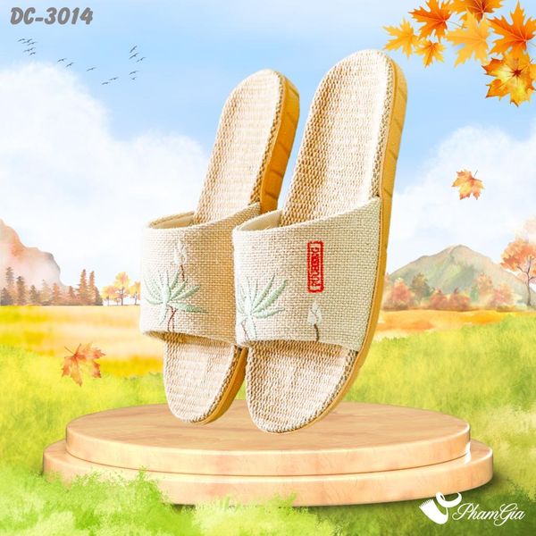 Dép Cói Quai Ngang Thêu Họa Tiết Hoa Sen Màu Xanh Mint (DC3014)