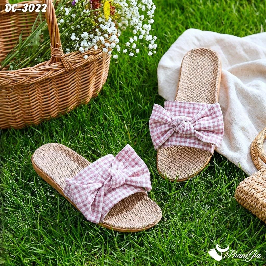 Dép Cói Quai Ngang Phối Nơ Họa Tiết Caro Màu Hồng Ruốc (DC3022)