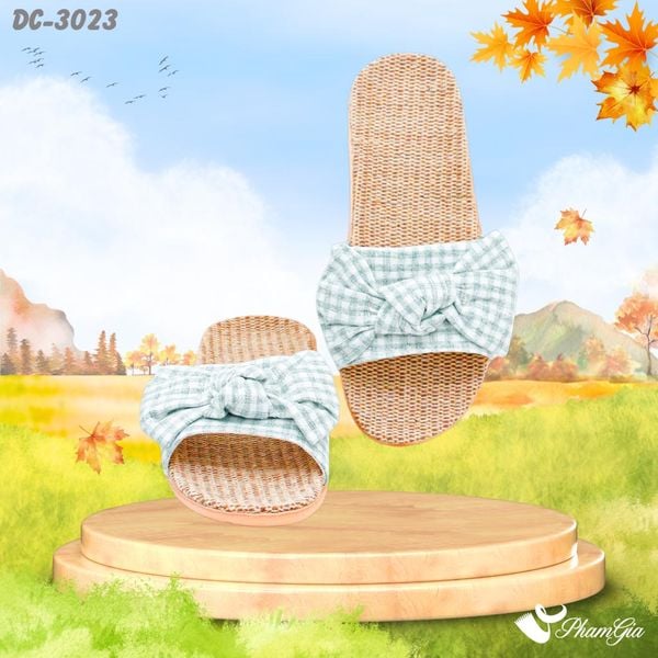 Dép Cói Quai Ngang Phối Nơ Họa Tiết Caro Màu Xanh Mint (DC3023)