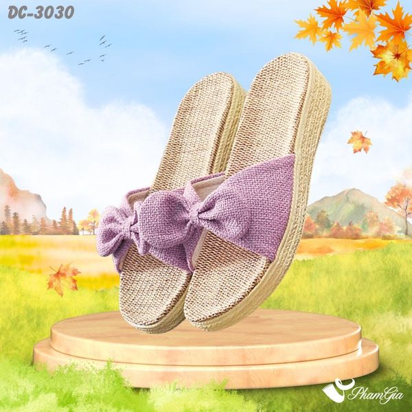 Dép Cói Quai Nơ Canvas Đế Cao 4cm Màu Tím Hoa Cà (DC3030)