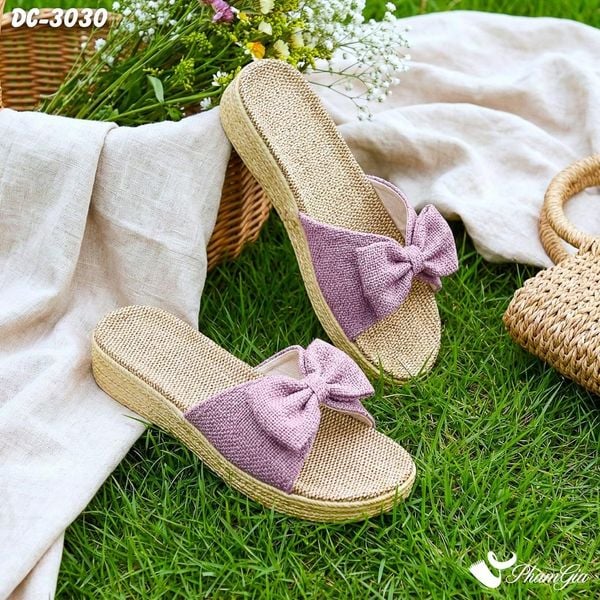 Dép Cói Quai Nơ Canvas Đế Cao 4cm Màu Tím Hoa Cà (DC3030)