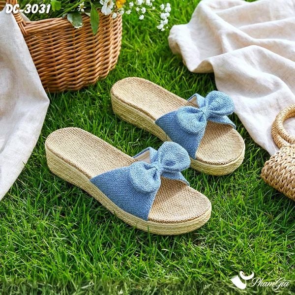 Dép Cói Quai Nơ Canvas Đế Cao 4cm Màu Xanh Navy (DC3031)