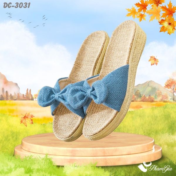 Dép Cói Quai Nơ Canvas Đế Cao 4cm Màu Xanh Navy (DC3031)