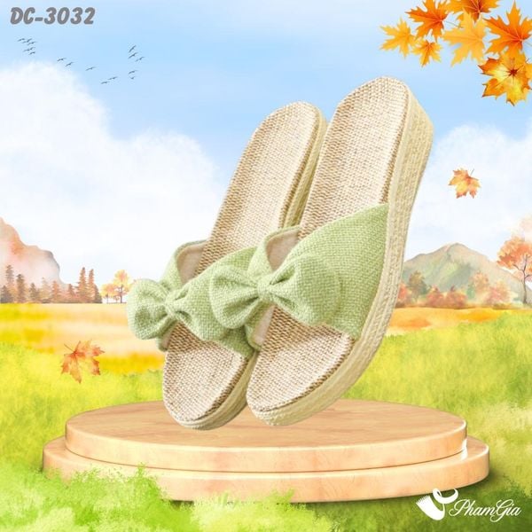 Dép Cói Quai Nơ Canvas Đế Cao 4cm Màu Xanh Bơ (DC3032)