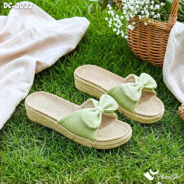 Dép Cói Quai Nơ Canvas Đế Cao 4cm Màu Xanh Bơ (DC3032)